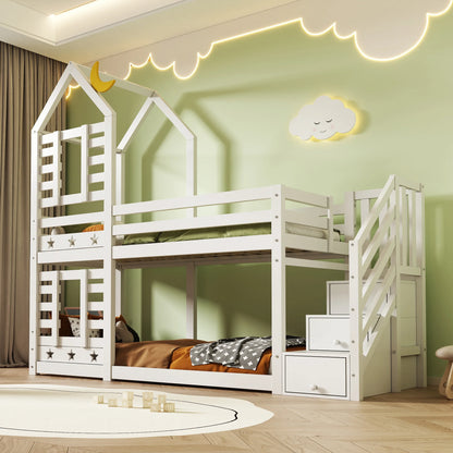 Lit cabane escalier tiroirs toit étoilé 90x200 Lilla Kids