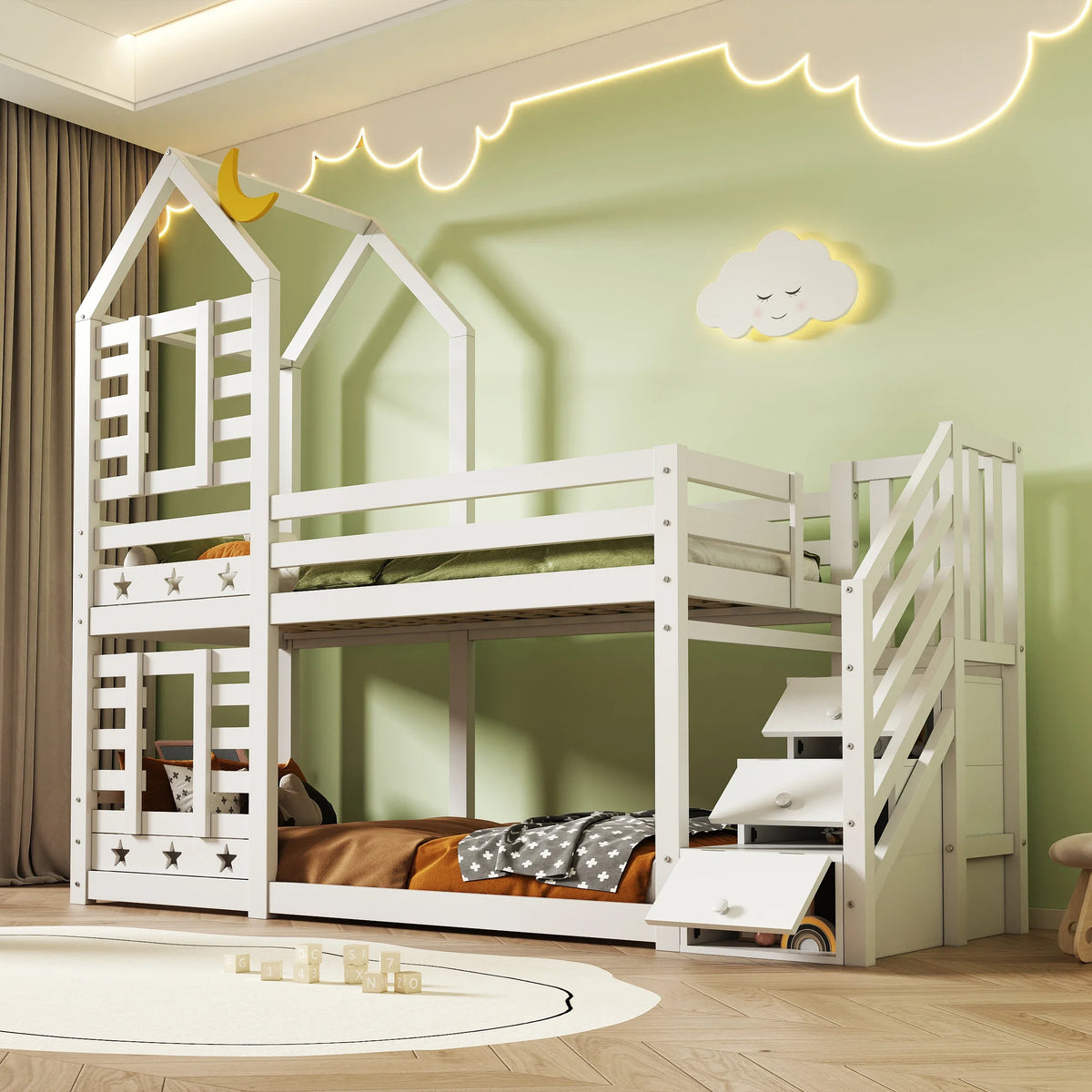 Lit cabane escalier tiroirs toit étoilé 90x200 Lilla Kids
