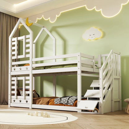 Lit cabane escalier tiroirs toit étoilé 90x200 Lilla Kids
