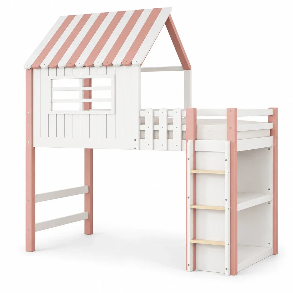 Lit cabane forme toit haut et bas avec échelle Lilla Kids