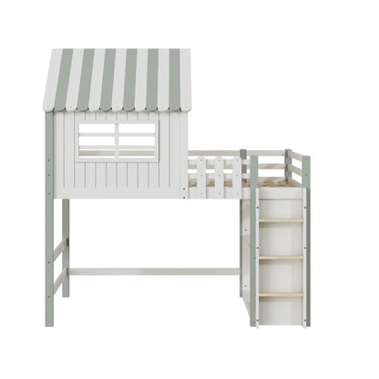 Lit cabane forme toit haut et bas avec échelle Lilla Kids