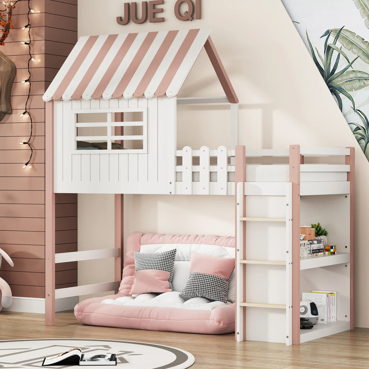 Lit cabane forme toit haut et bas avec échelle Lilla Kids