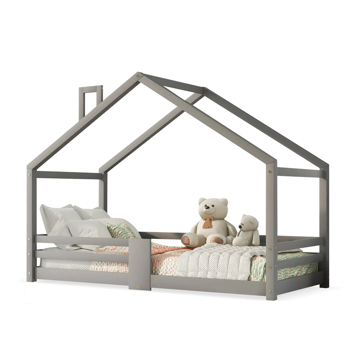 Lit cabane gris forme cheminée en pin 90x200 Lilla Kids