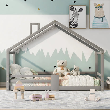 Lit cabane gris forme cheminée en pin 90x200 Lilla Kids
