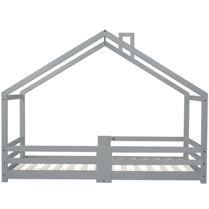 Lit cabane gris forme cheminée en pin 90x200 Lilla Kids