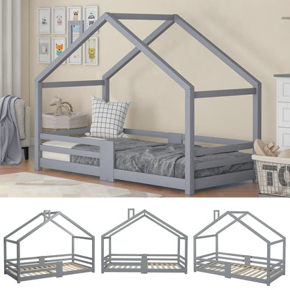 Lit cabane gris forme cheminée en pin 90x200 Lilla Kids