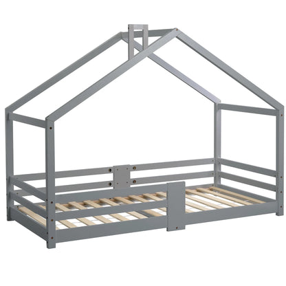 Lit cabane gris forme cheminée en pin 90x200 Lilla Kids