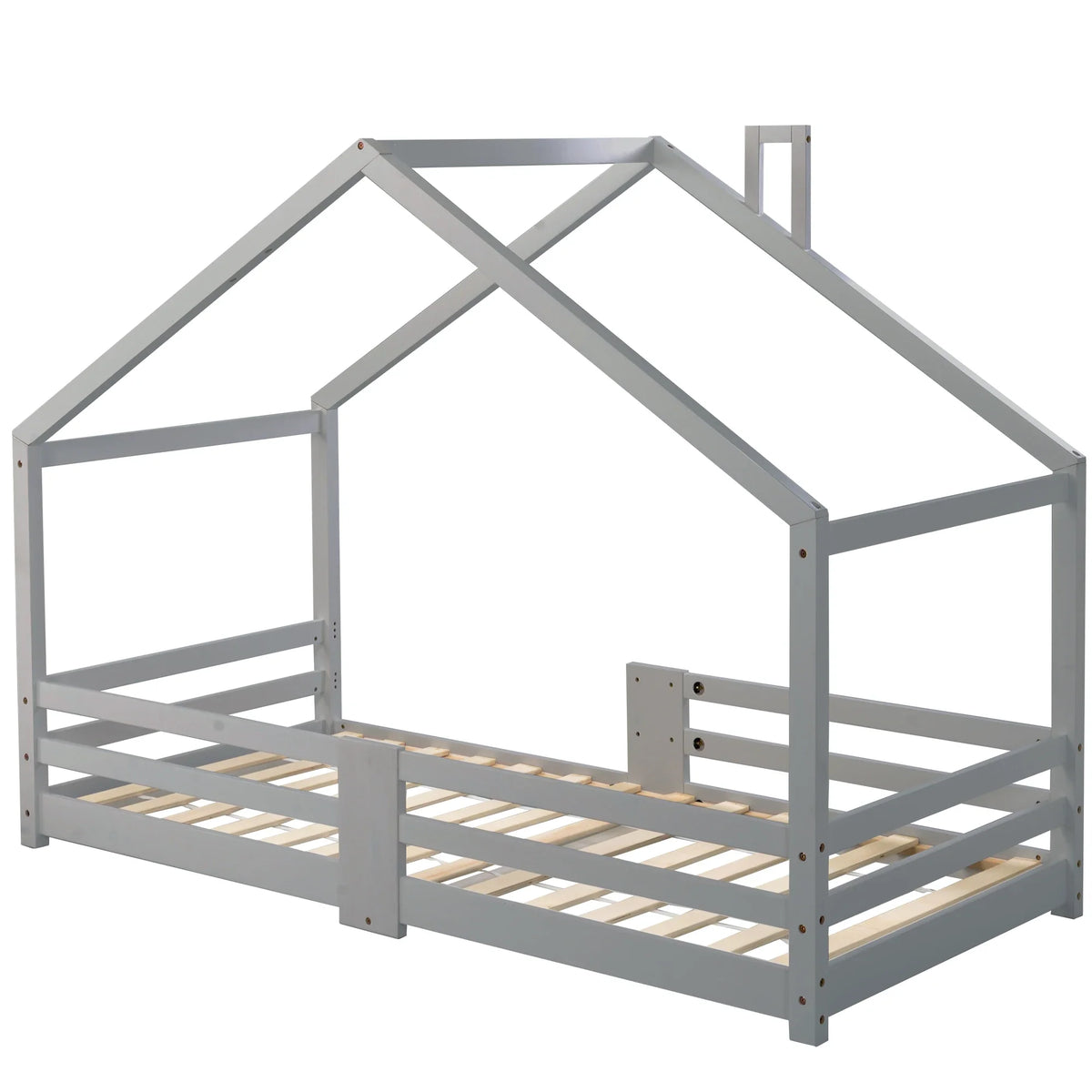 Lit cabane gris forme cheminée en pin 90x200 Lilla Kids