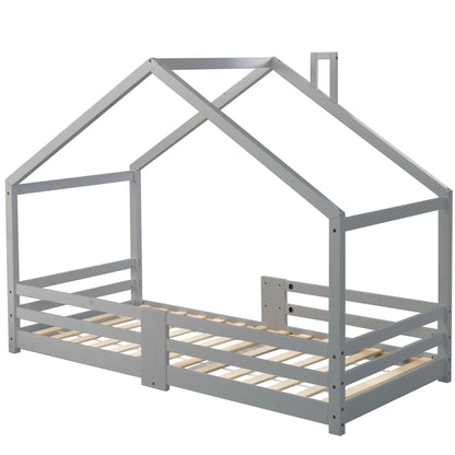 Lit cabane gris forme cheminée en pin 90x200 Lilla Kids