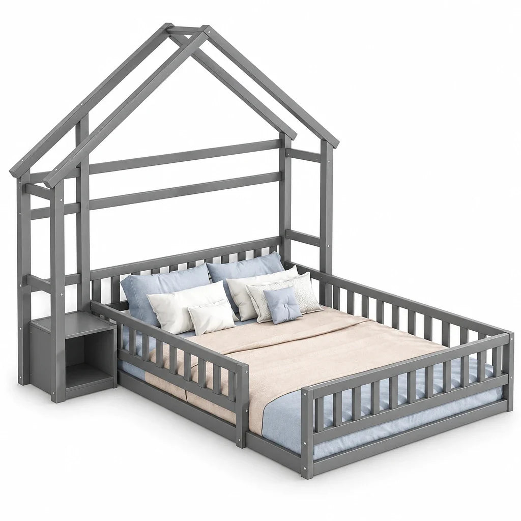 Lit cabane gris tête maison avec chevet 140x200 Lilla Kids