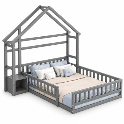 Lit cabane gris tête maison avec chevet 140x200 Lilla Kids