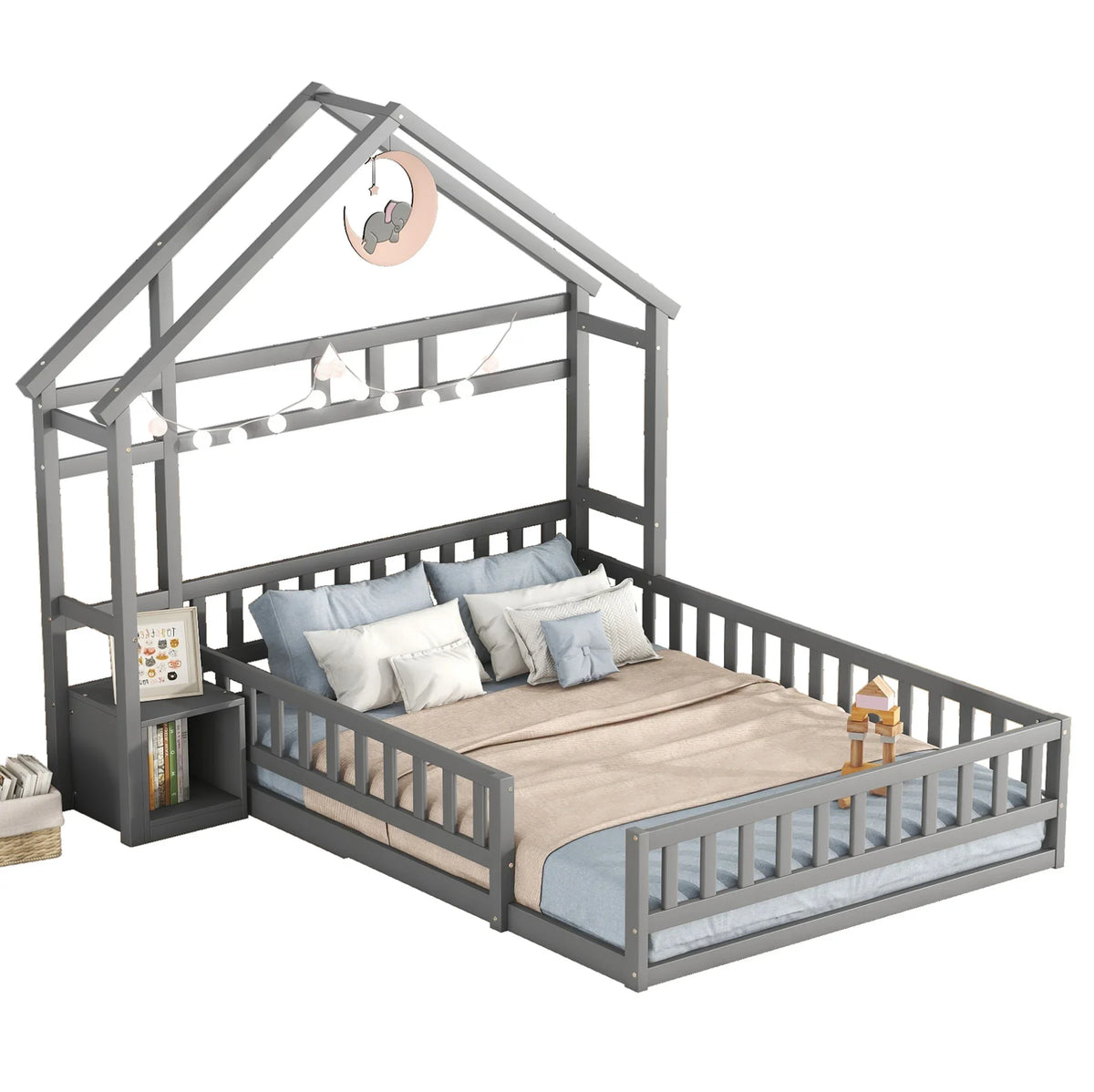 Lit cabane gris tête maison avec chevet 140x200 Lilla Kids