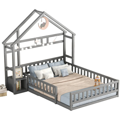 Lit cabane gris tête maison avec chevet 140x200 Lilla Kids
