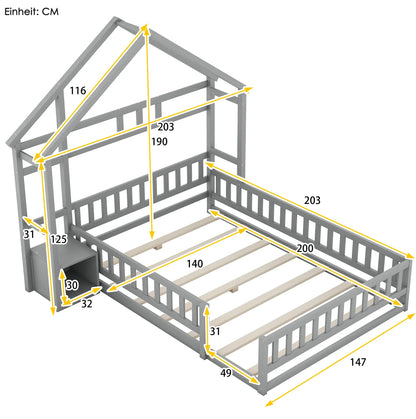 Lit cabane gris tête maison avec chevet 140x200 Lilla Kids
