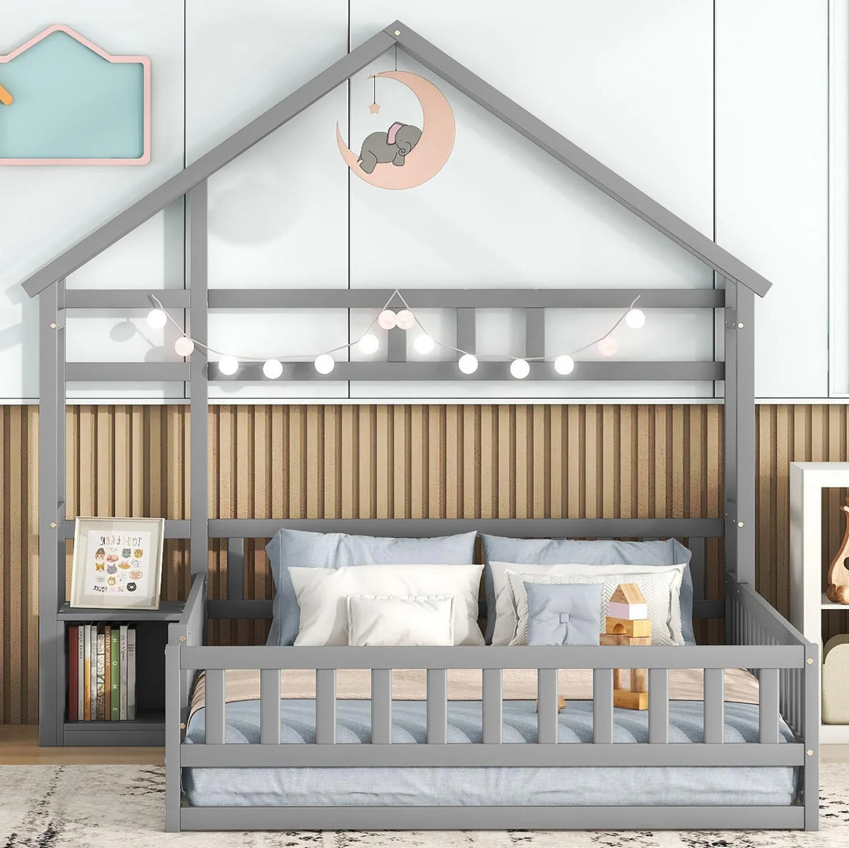 Lit cabane gris tête maison avec chevet 140x200 Lilla Kids