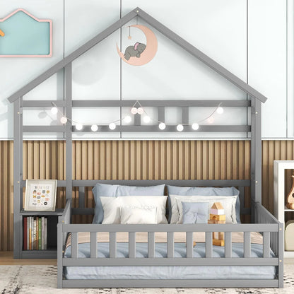 Lit cabane gris tête maison avec chevet 140x200 Lilla Kids