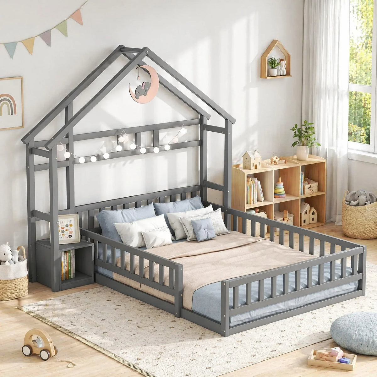 Lit cabane gris tête maison avec chevet 140x200 Lilla Kids