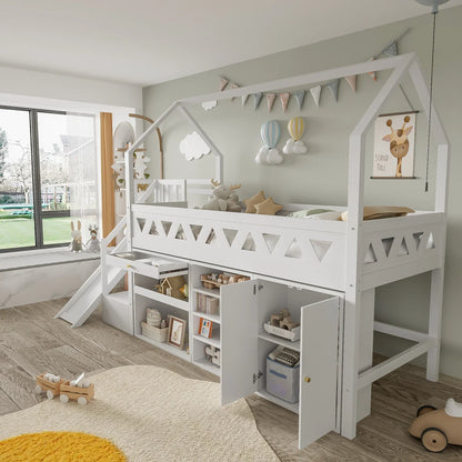 Lit cabane mezzanine avec toboggan et bibliothèque Tilda Kids