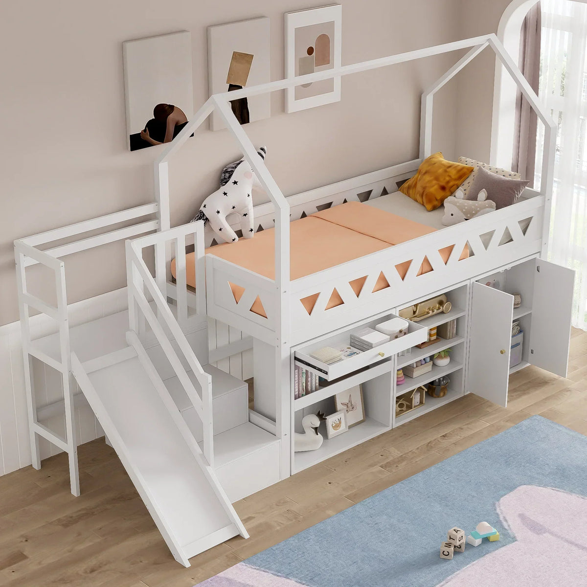Lit cabane mezzanine avec toboggan et bibliothèque Tilda Kids