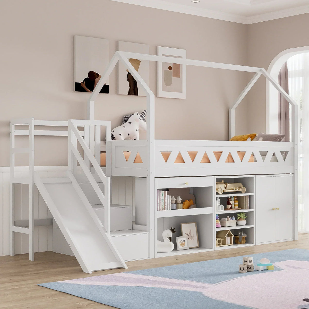 Lit cabane mezzanine avec toboggan et bibliothèque Tilda Kids
