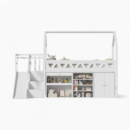 Lit cabane mezzanine avec toboggan et bibliothèque Tilda Kids