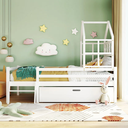 Lit cabane mezzanine échelle tiroirs 90x200 Lilla Kids