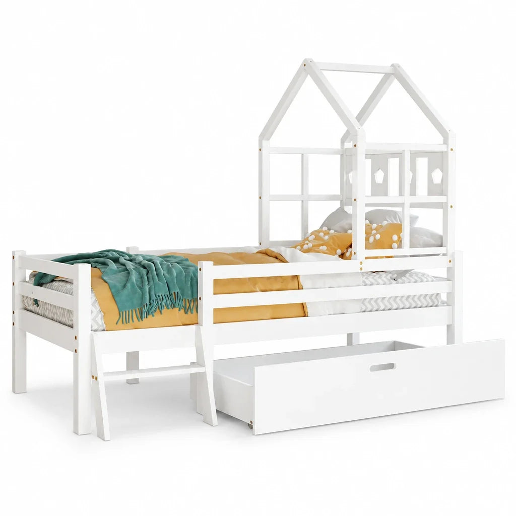 Lit cabane mezzanine échelle tiroirs 90x200 Lilla Kids
