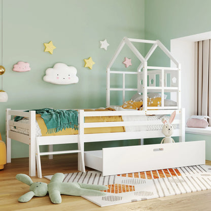Lit cabane mezzanine échelle tiroirs 90x200 Lilla Kids