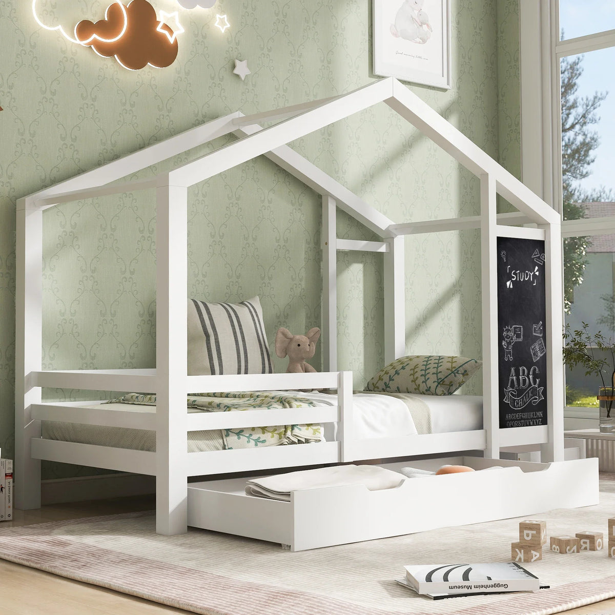 Lit cabane mezzanine toit avec 2 tiroirs 90x200 Lilla Kids