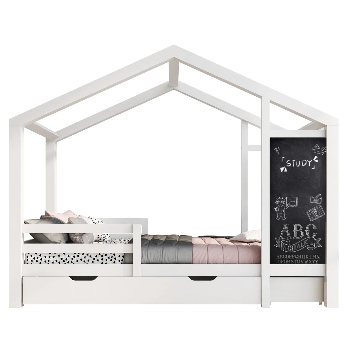 Lit cabane mezzanine toit avec 2 tiroirs 90x200 Lilla Kids