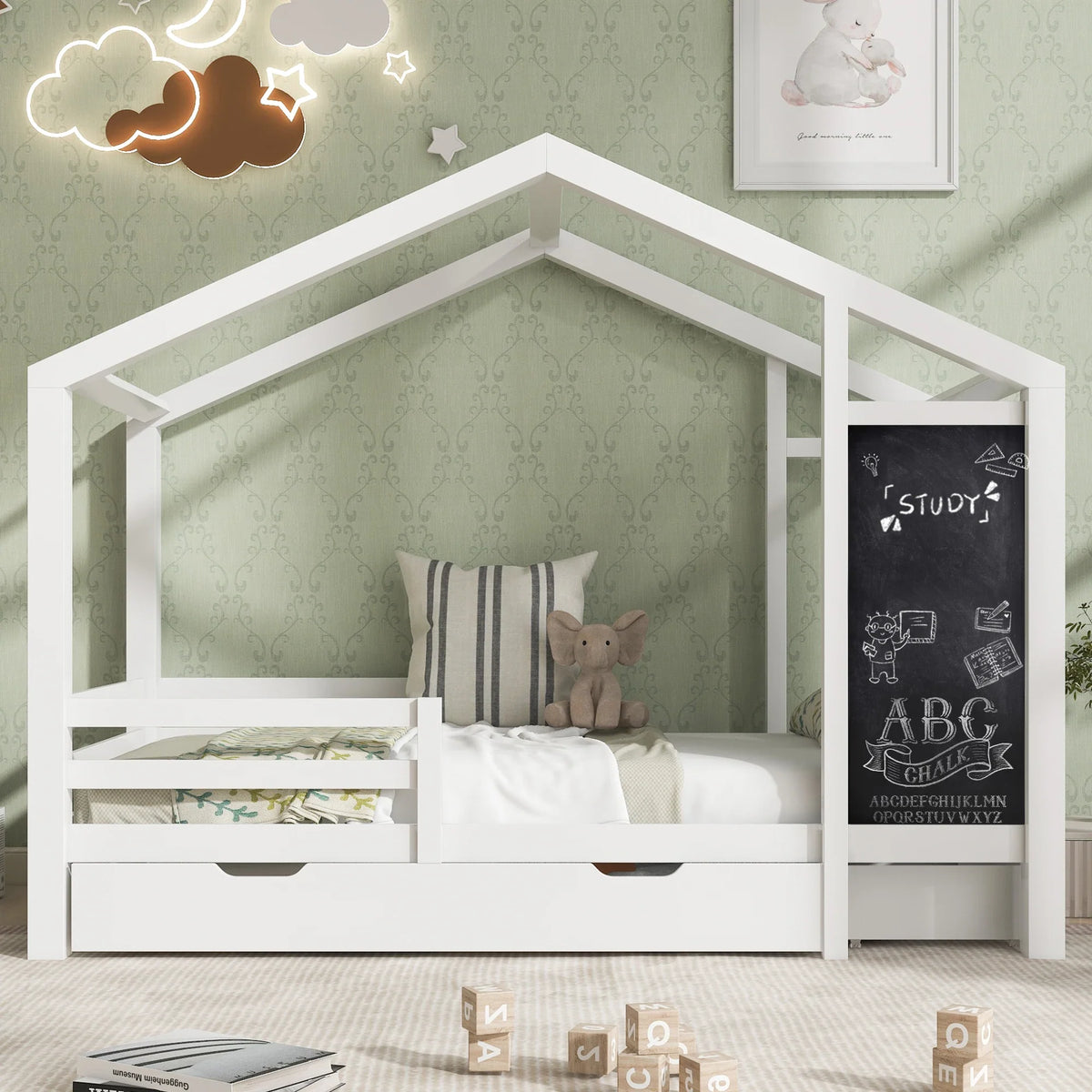 Lit cabane mezzanine toit avec 2 tiroirs 90x200 Lilla Kids