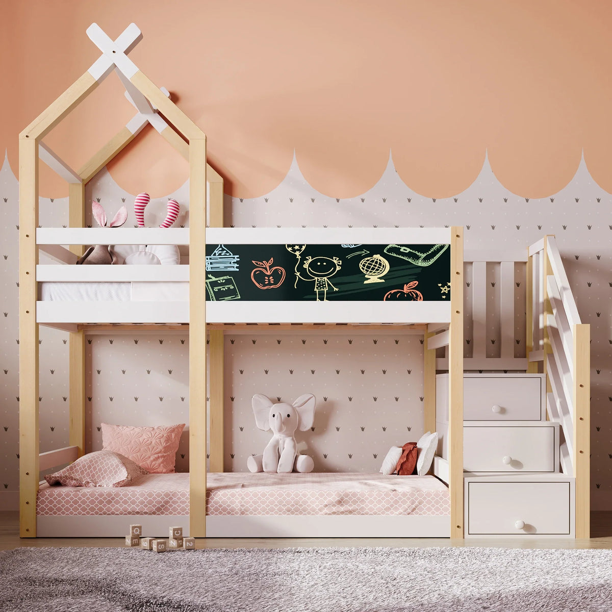 Lit cabane superposé escalier rangement intégré Lilla Kids
