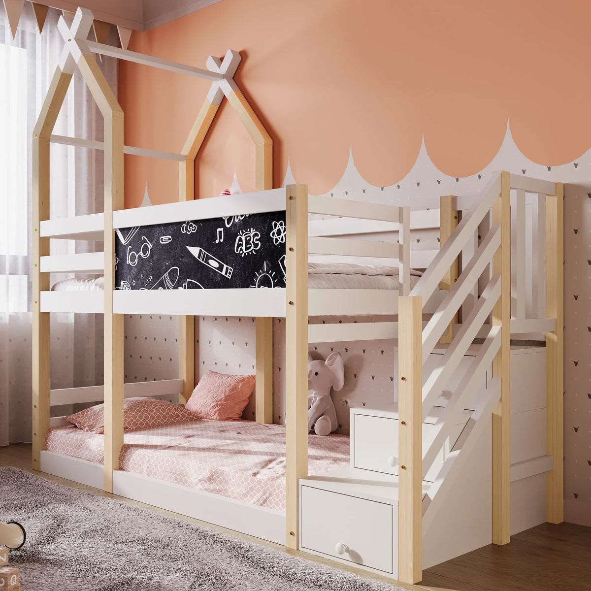 Lit cabane superposé escalier rangement intégré Lilla Kids