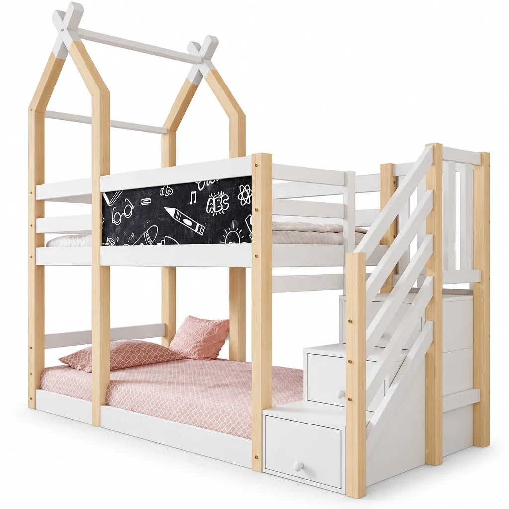 Lit cabane superposé escalier rangement intégré Lilla Kids