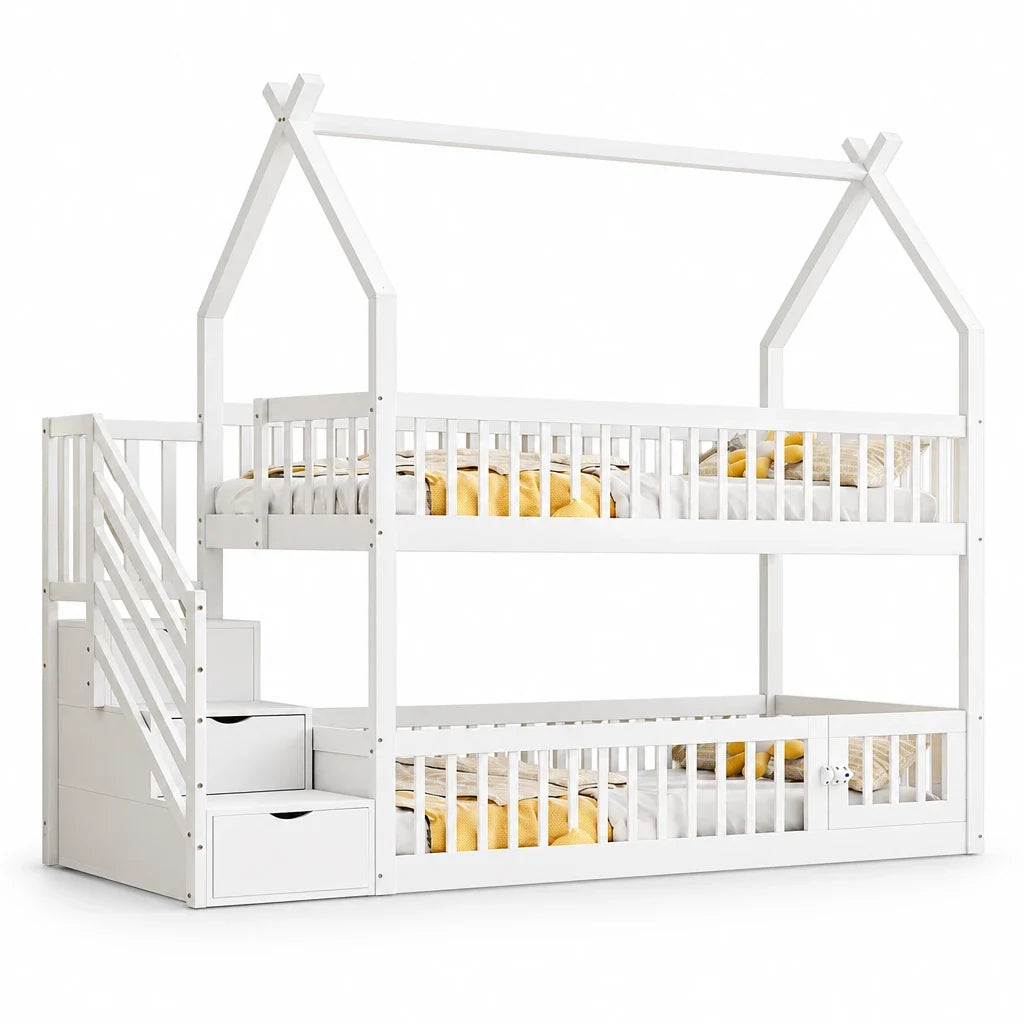 Lit cabane superposé escalier toit tiroirs 90x200 Lilla Kids