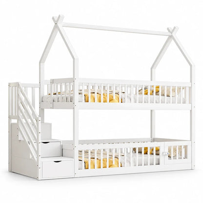 Lit cabane superposé escalier toit tiroirs 90x200 Lilla Kids