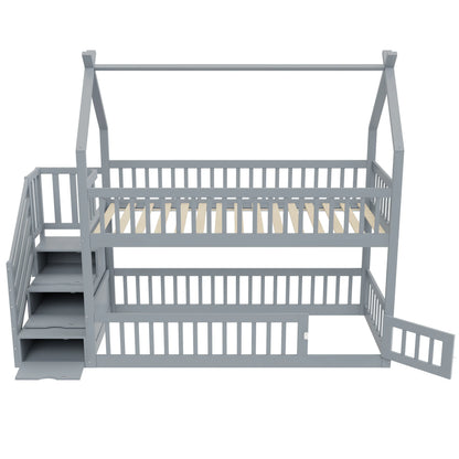 Lit cabane superposé escalier toit tiroirs 90x200 Lilla Kids