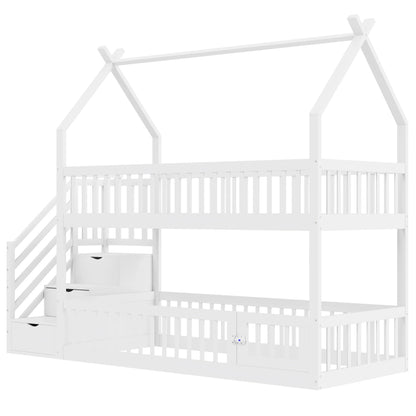 Lit cabane superposé escalier toit tiroirs 90x200 Lilla Kids