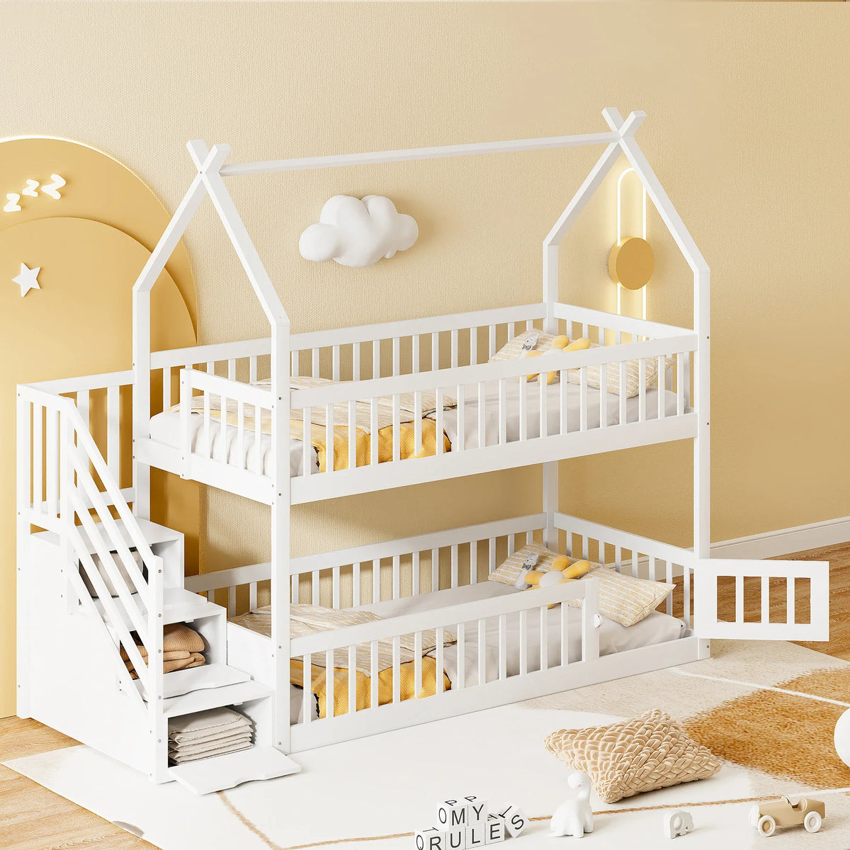 Lit cabane superposé escalier toit tiroirs 90x200 Lilla Kids