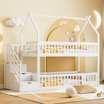 Lit cabane superposé escalier toit tiroirs 90x200 Lilla Kids