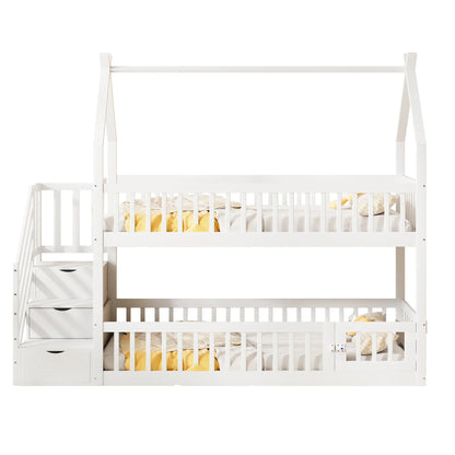 Lit cabane superposé escalier toit tiroirs 90x200 Lilla Kids