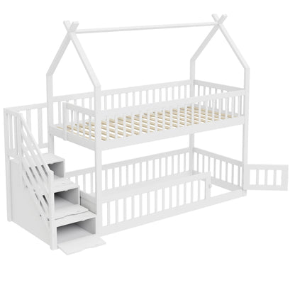 Lit cabane superposé escalier toit tiroirs 90x200 Lilla Kids