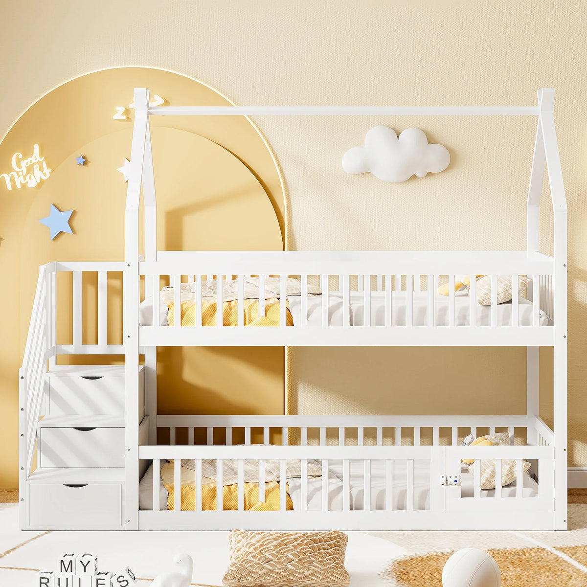 Lit cabane superposé escalier toit tiroirs 90x200 Lilla Kids