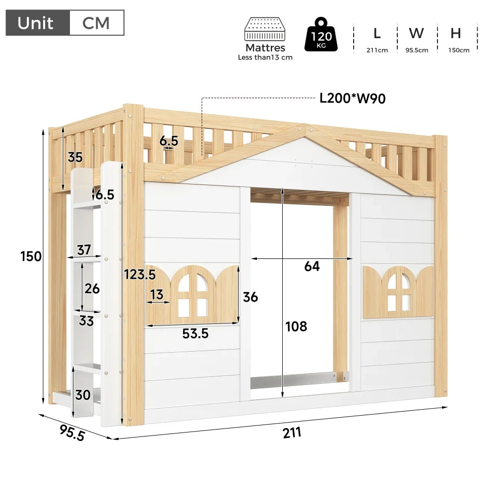 Lit cabane superposé évolutif fenêtres 90x200 Lilla Kids