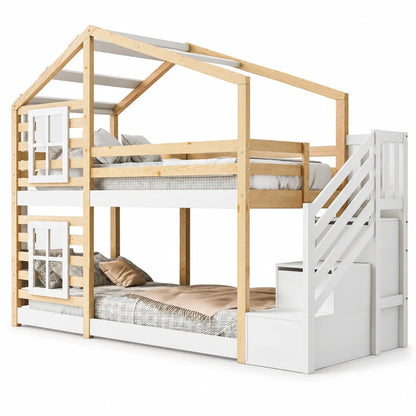 Lit cabane superposé fenêtre avec rangement 90x200 Lilla Kids