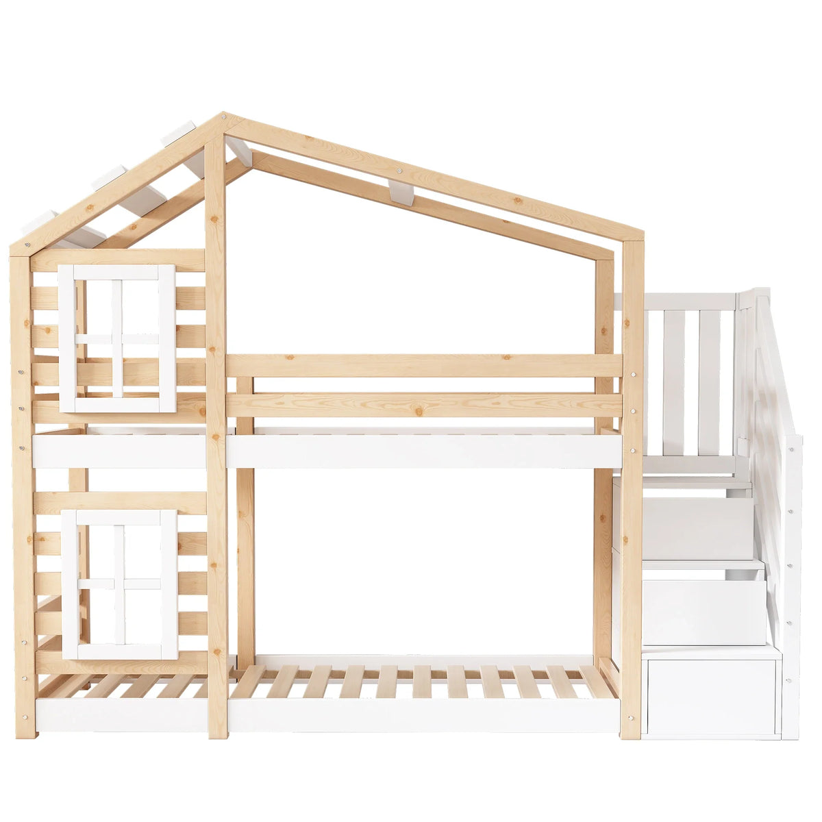 Lit cabane superposé fenêtre avec rangement 90x200 Lilla Kids