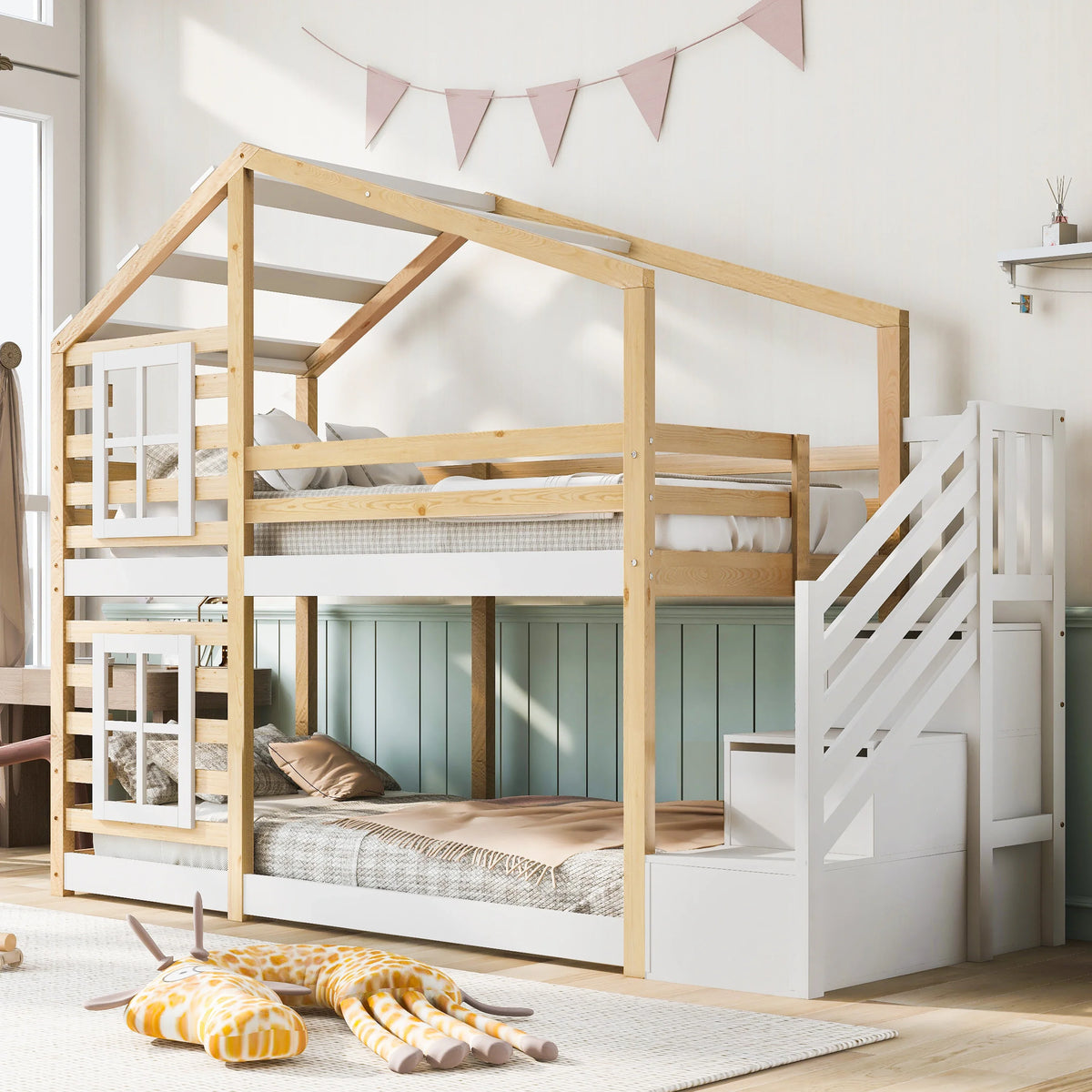 Lit cabane superposé fenêtre avec rangement 90x200 Lilla Kids