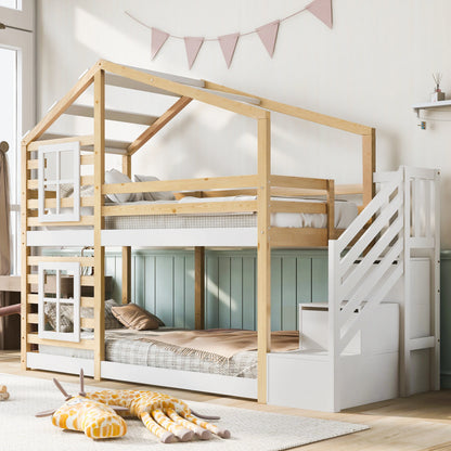 Lit cabane superposé fenêtre avec rangement 90x200 Lilla Kids