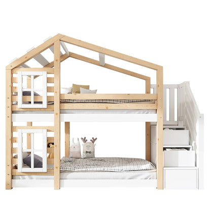 Lit cabane superposé fenêtre avec rangement 90x200 Lilla Kids