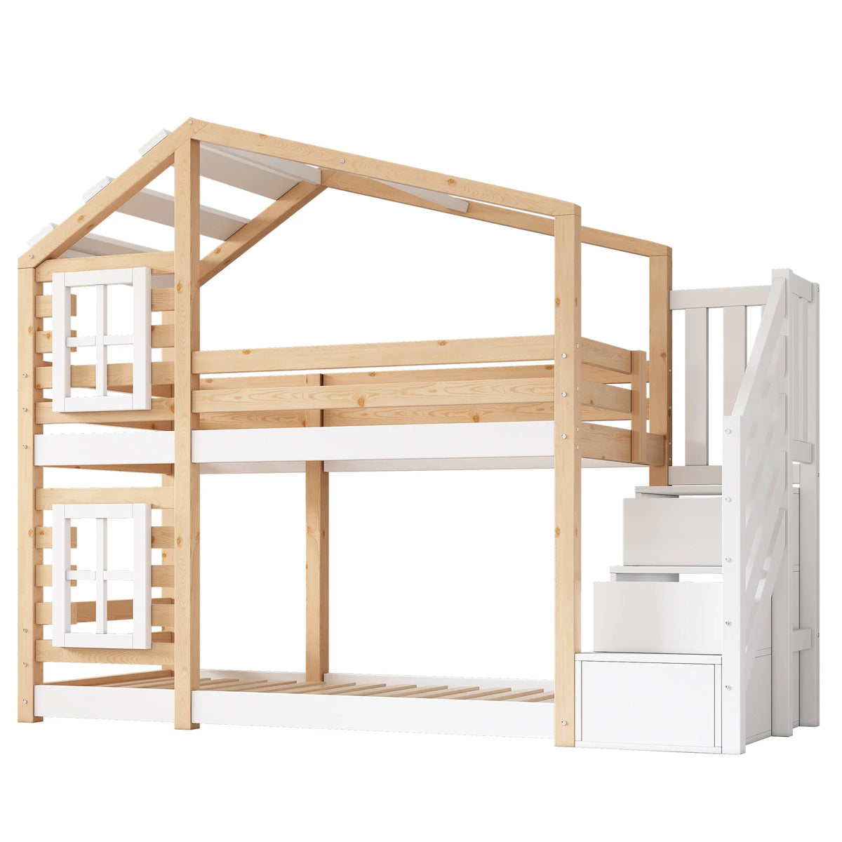 Lit cabane superposé fenêtre avec rangement 90x200 Lilla Kids